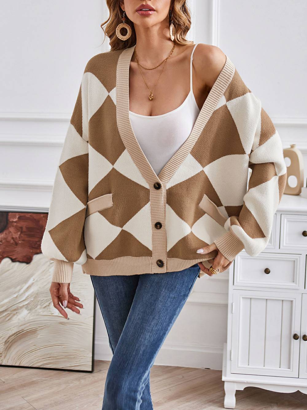 Metric | Sweater with Colorful Blocks and V-Neck