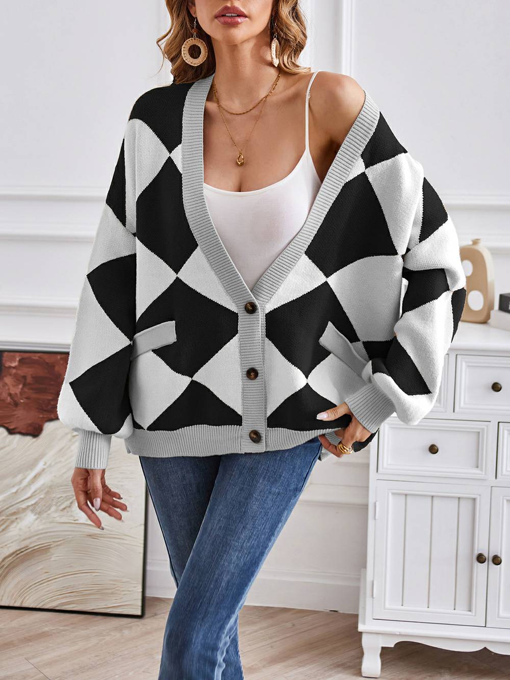 Metric | Sweater with Colorful Blocks and V-Neck