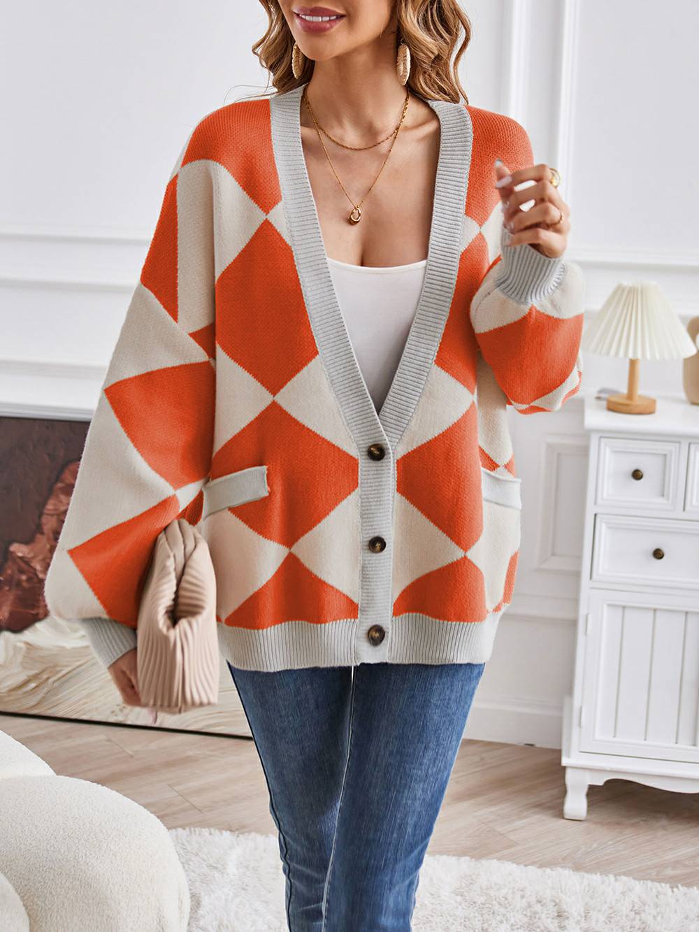 Metric | Sweater with Colorful Blocks and V-Neck
