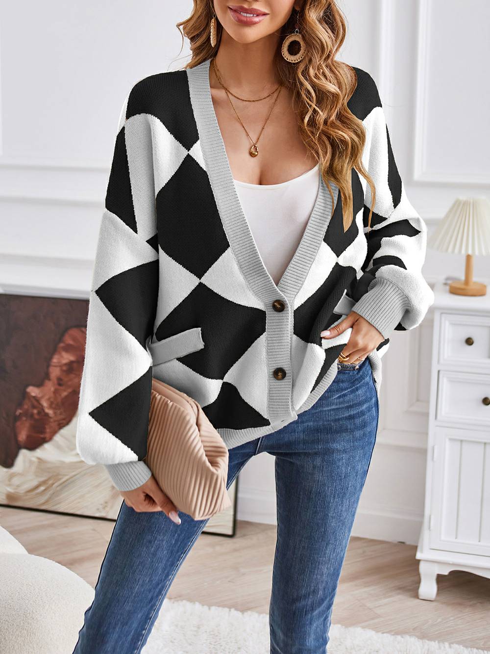 Metric | Sweater with Colorful Blocks and V-Neck