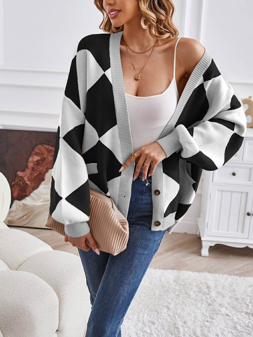 Metric | Sweater with Colorful Blocks and V-Neck