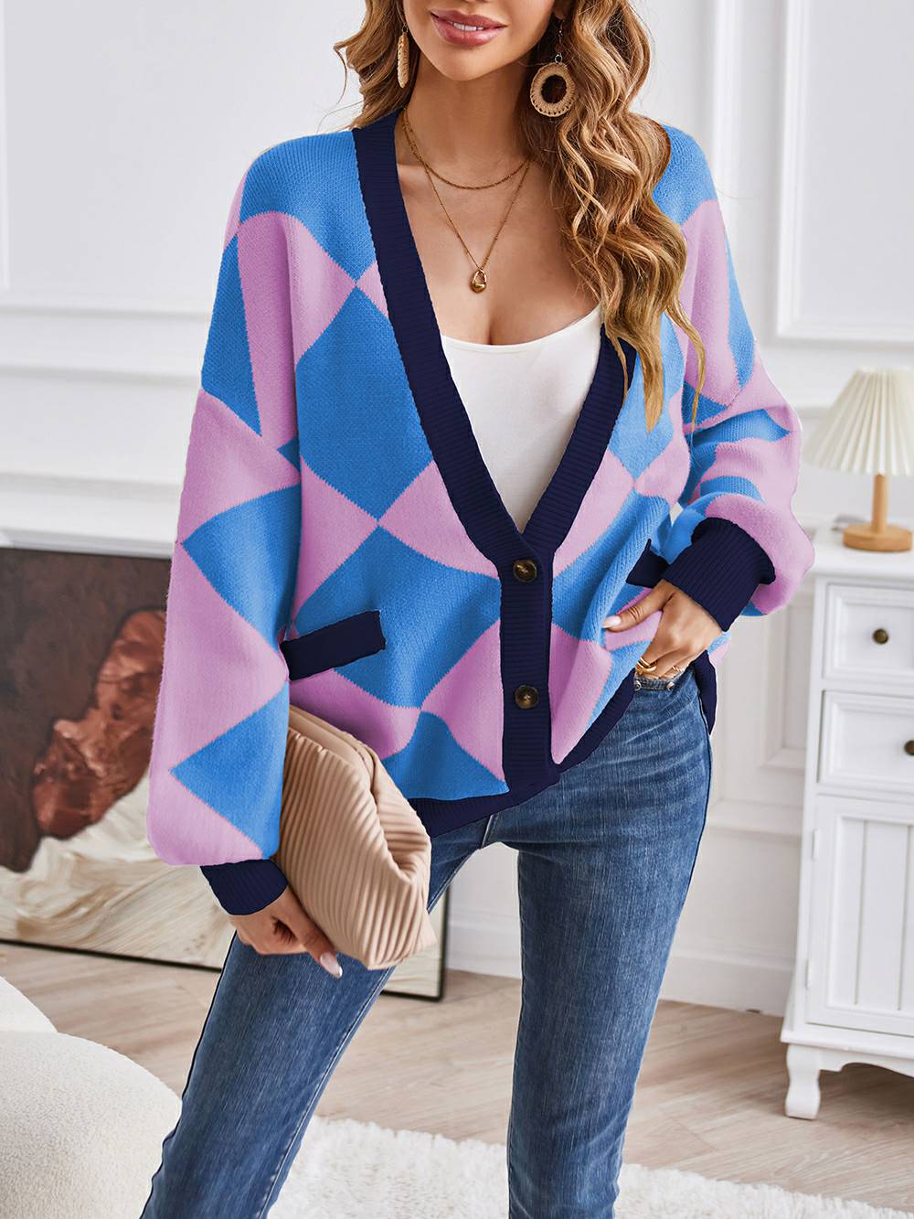Metric | Sweater with Colorful Blocks and V-Neck