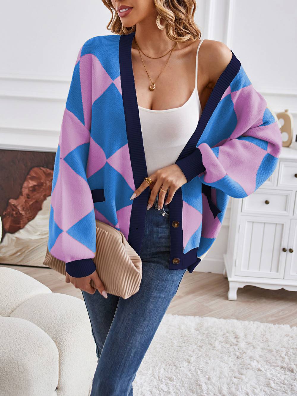 Metric | Sweater with Colorful Blocks and V-Neck