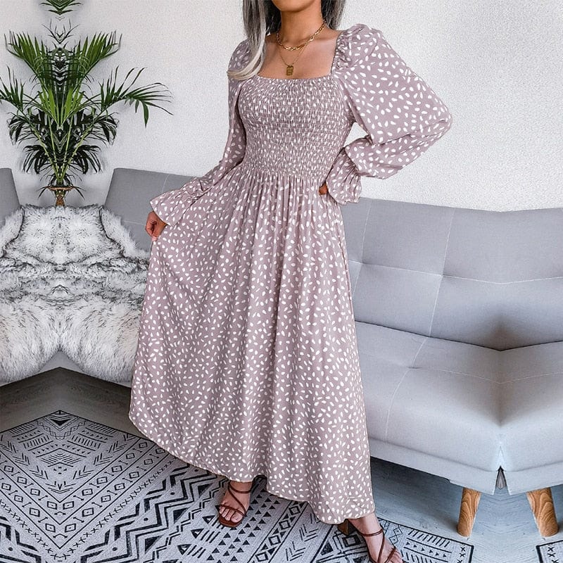 Lotte™ | Elegant Beige Maxi Dress with Long Sleeves