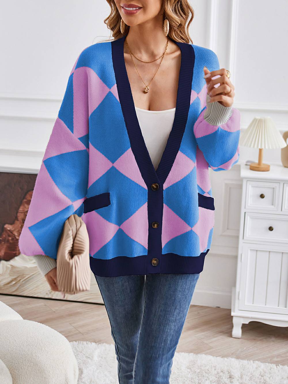 Metric | Sweater with Colorful Blocks and V-Neck